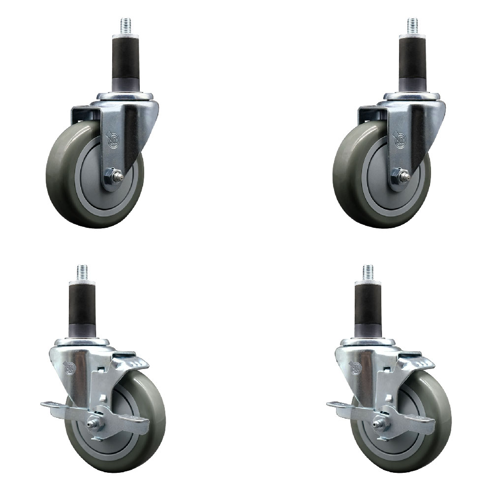 Polyurethane Swivel Expanding Stem Caster Set of 4 with 4 Inch Gray Wheels and 1-1/4" Stems - Includes 2 with Top Locking Brakes - 1400 lbs Total Capacity - Service Caster Brand — photo 1