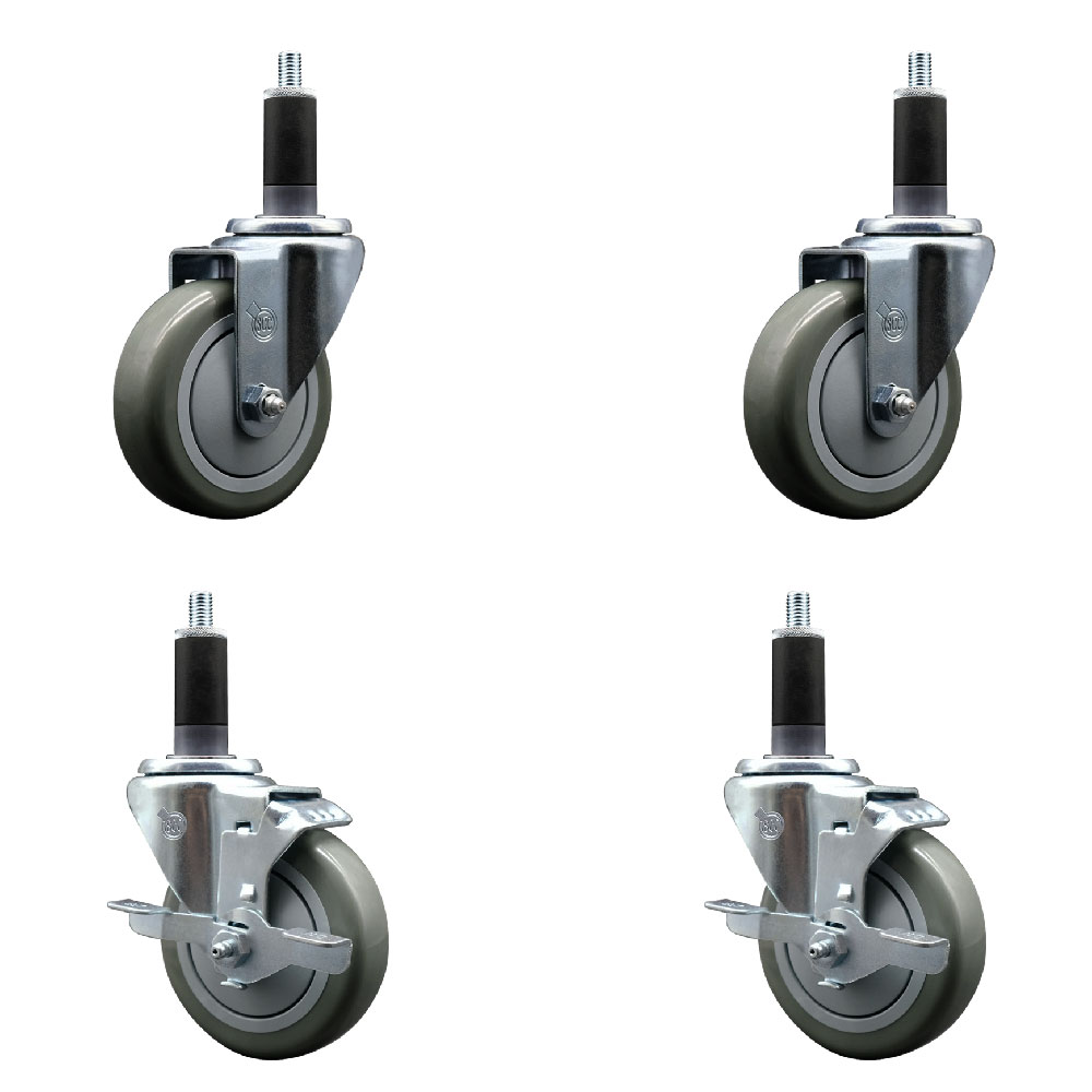 Stainless Steel Polyurethane Swivel Expanding Stem Caster Set of 4 with 4 Inch Gray Wheels and 1-1/8" Stems - Includes 2 with Top Locking Brakes - 1400 lbs Total Capacity - Service Caster Brand — photo 1