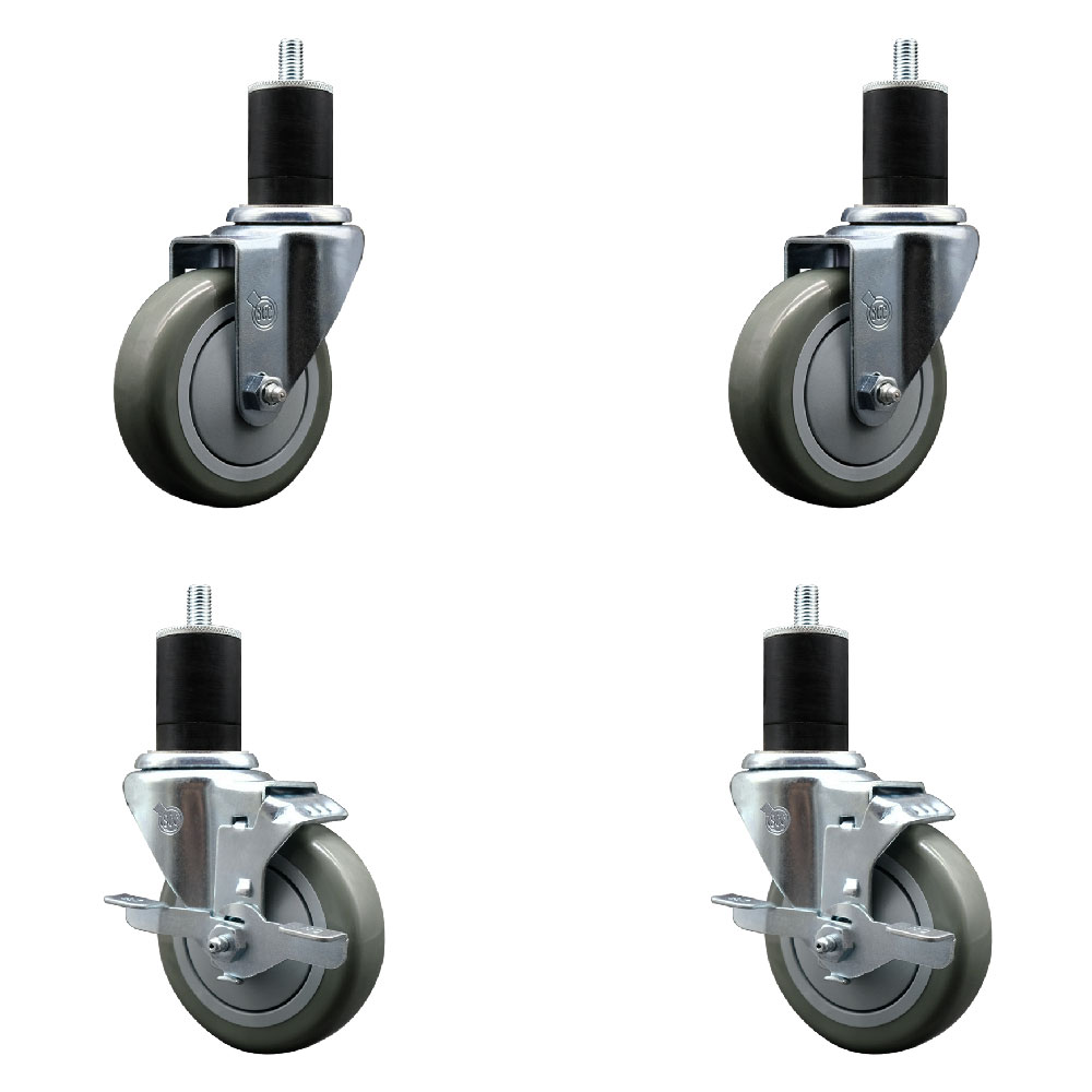 Stainless Steel Polyurethane Swivel Expanding Stem Caster Set of 4 with 4 Inch Gray Wheels and 1-3/4" Stems - Includes 2 with Top Locking Brakes - 1400 lbs Total Capacity - Service Caster Brand — photo 1