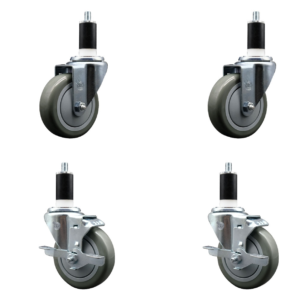 Polyurethane Swivel Expanding Stem Caster Set of 4 with 4 Inch Gray Wheels and 1-3/8" Stems - Includes 2 with Top Locking Brakes - 1400 lbs Total Capacity - Service Caster Brand — photo 1
