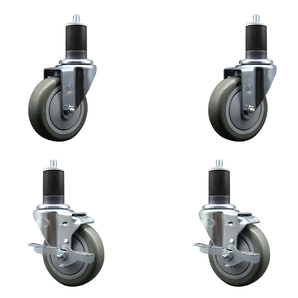 Stainless Steel Polyurethane Swivel Expanding Stem Caster Set of 4 with 4 Inch Gray Wheels and 1-5/8" Stems - Includes 2 with Top Locking Brakes - 1400 lbs Total Capacity - Service Caster Brand — photo 1