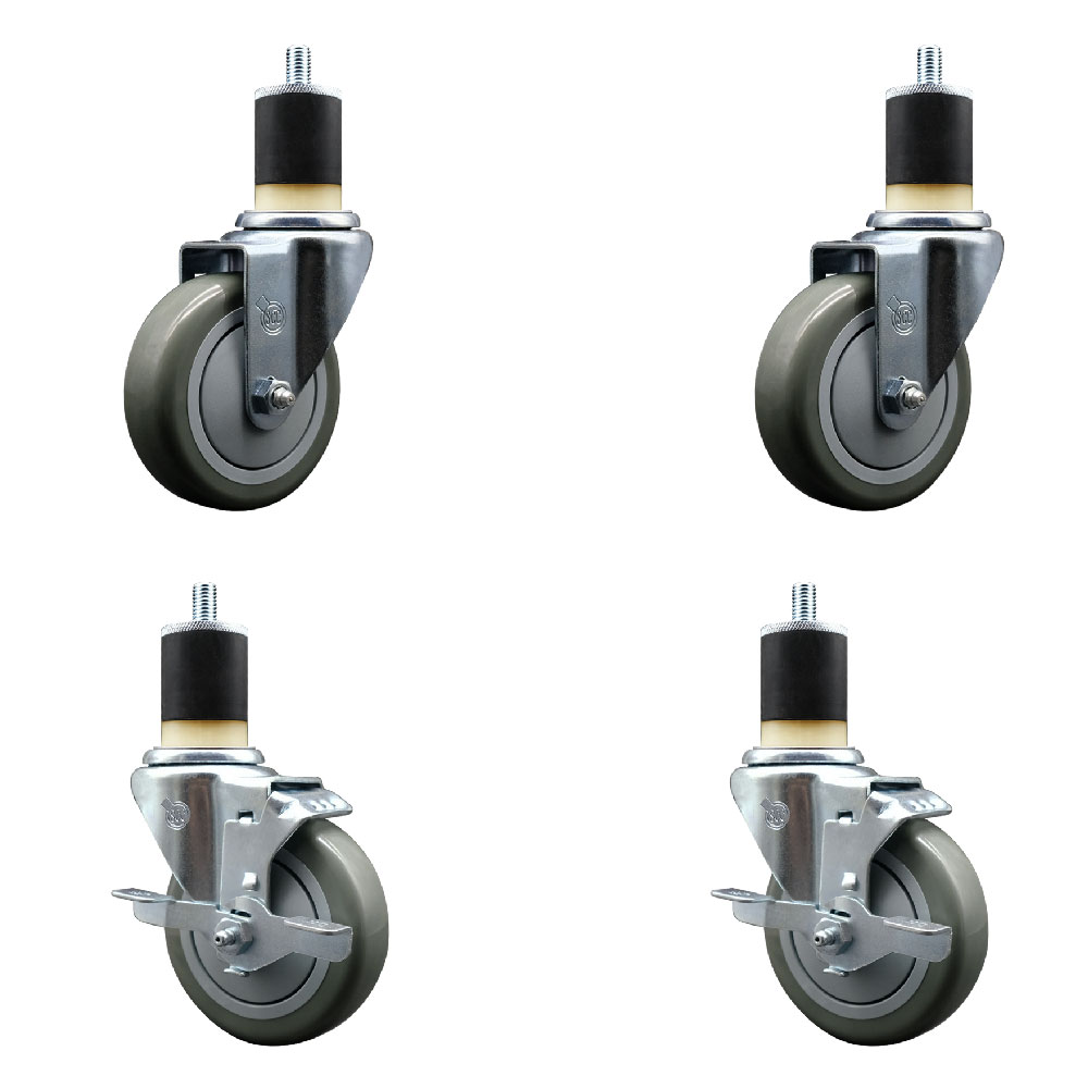 Stainless Steel Polyurethane Swivel Expanding Stem Caster Set of 4 with 4 Inch Gray Wheels and 1-7/8" Stems - Includes 2 with Top Locking Brakes - 1400 lbs Total Capacity - Service Caster Brand — photo 1