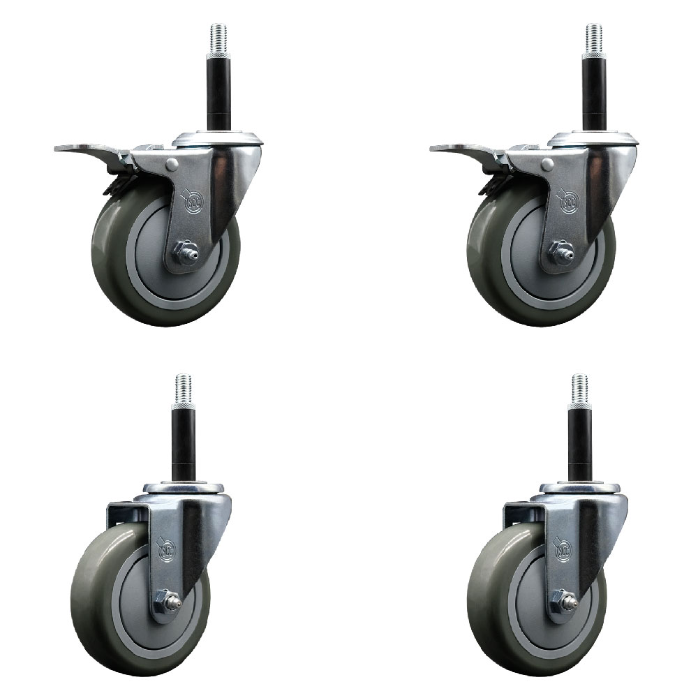 Polyurethane Swivel Expanding Stem Caster Set of 4 with 4 Inch Gray Wheels and 3/4" Stems - Includes 2 with Top Locking Brakes - 1400 lbs Total Capacity - Service Caster Brand — photo 1