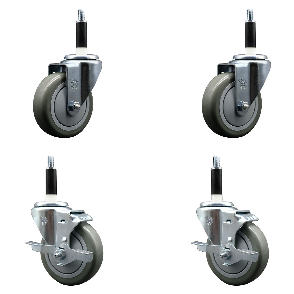 Stainless Steel Polyurethane Swivel Expanding Stem Caster Set of 4 with 4 Inch Gray Wheels and 7/8" Stems - Includes 2 with Top Locking Brakes - 1400 lbs Total Capacity - Service Caster Brand — photo 1