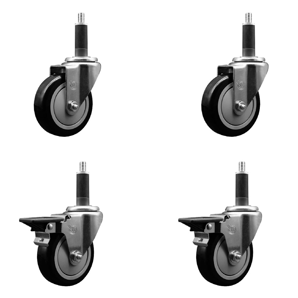 Polyurethane Swivel Expanding Stem Caster Set of 4 with 4 Inch Black Wheels and 1" Stems - Includes 2 with Posi Locking Brakes - 1400 lbs Total Capacity - Service Caster Brand — photo 1