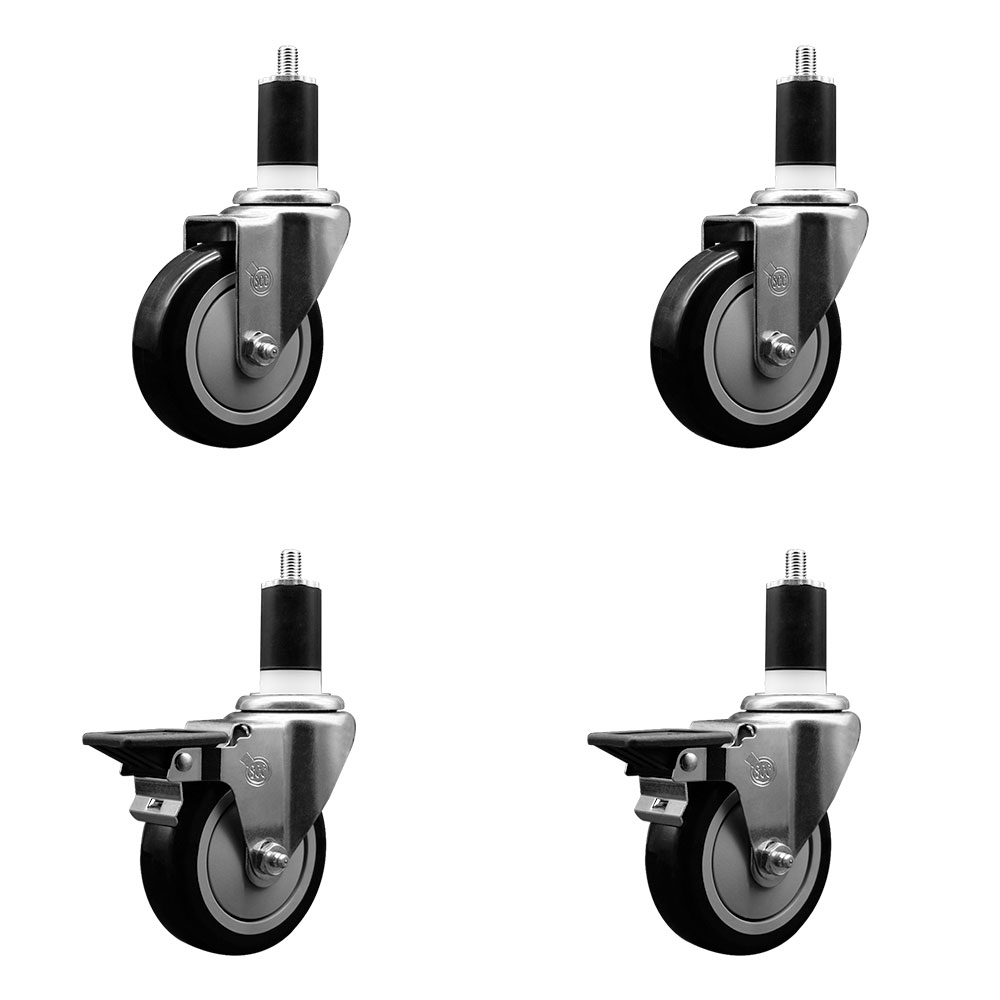 Polyurethane Swivel Expanding Stem Caster Set of 4 with 4 Inch Black Wheels and 1-1/2" Stems - Includes 2 with Posi Locking Brakes - 1400 lbs Total Capacity - Service Caster Brand — photo 1