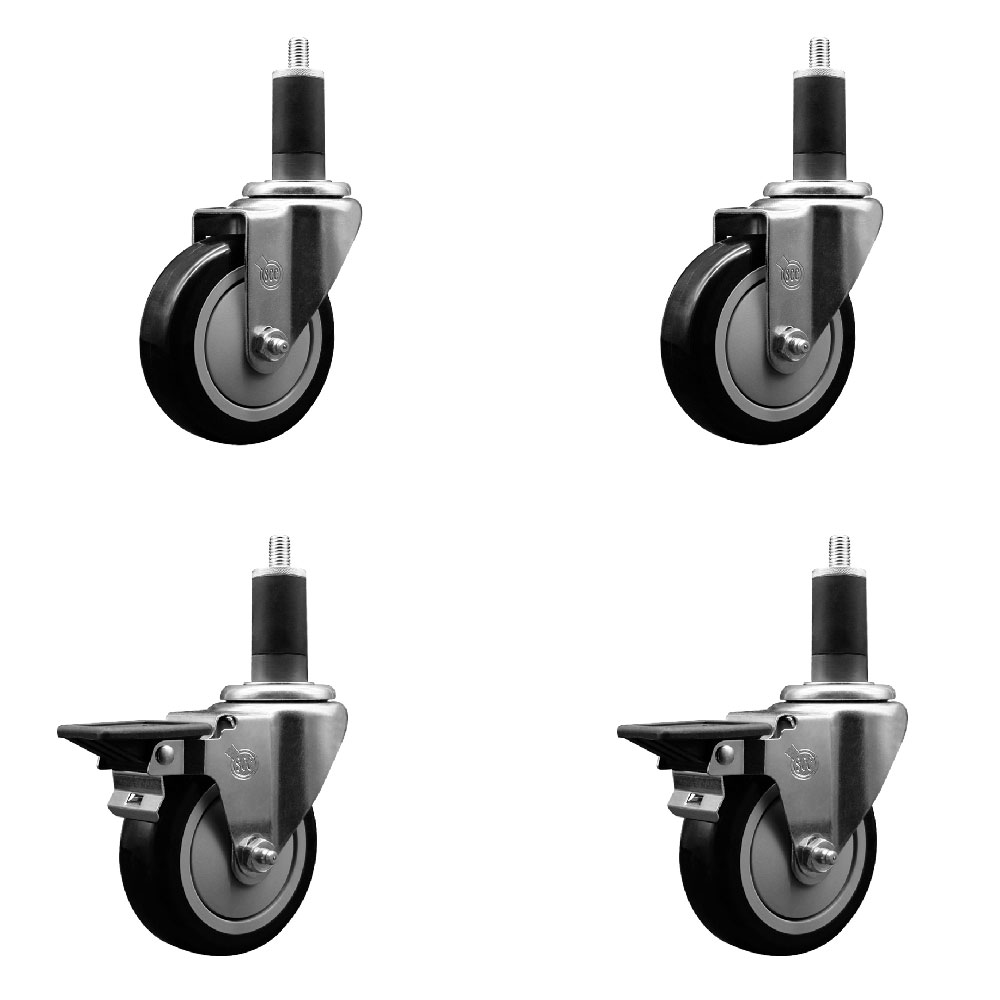 Polyurethane Swivel Expanding Stem Caster Set of 4 with 4 Inch Black Wheels and 1-1/4" Stems - Includes 2 with Posi Locking Brakes - 1400 lbs Total Capacity - Service Caster Brand — photo 1
