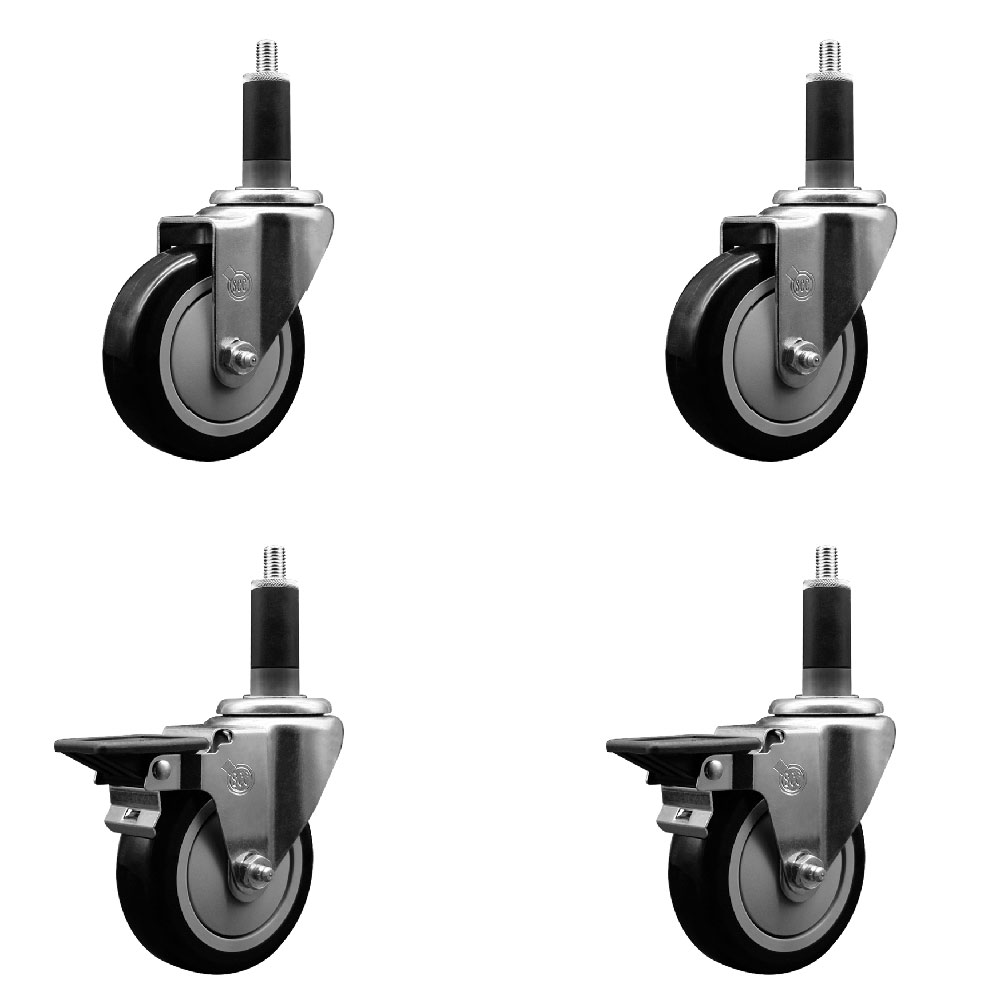 Polyurethane Swivel Expanding Stem Caster Set of 4 with 4 Inch Black Wheels and 1-1/8" Stems - Includes 2 with Posi Locking Brakes - 1400 lbs Total Capacity - Service Caster Brand — photo 1