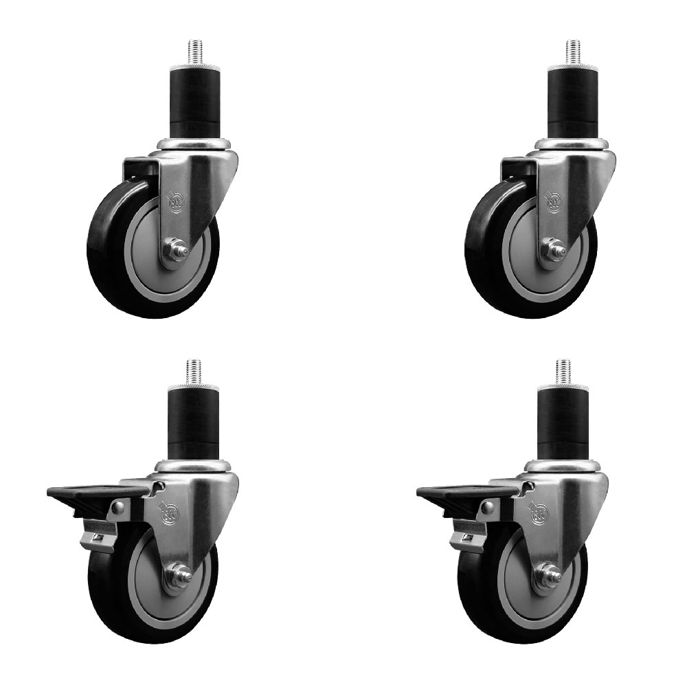 Polyurethane Swivel Expanding Stem Caster Set of 4 with 4 Inch Black Wheels and 1-3/4" Stems - Includes 2 with Posi Locking Brakes - 1400 lbs Total Capacity - Service Caster Brand — photo 1