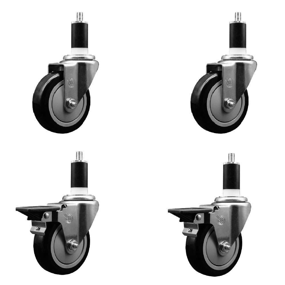 Polyurethane Swivel Expanding Stem Caster Set of 4 with 4 Inch Black Wheels and 1-3/8" Stems - Includes 2 with Posi Locking Brakes - 1400 lbs Total Capacity - Service Caster Brand — photo 1
