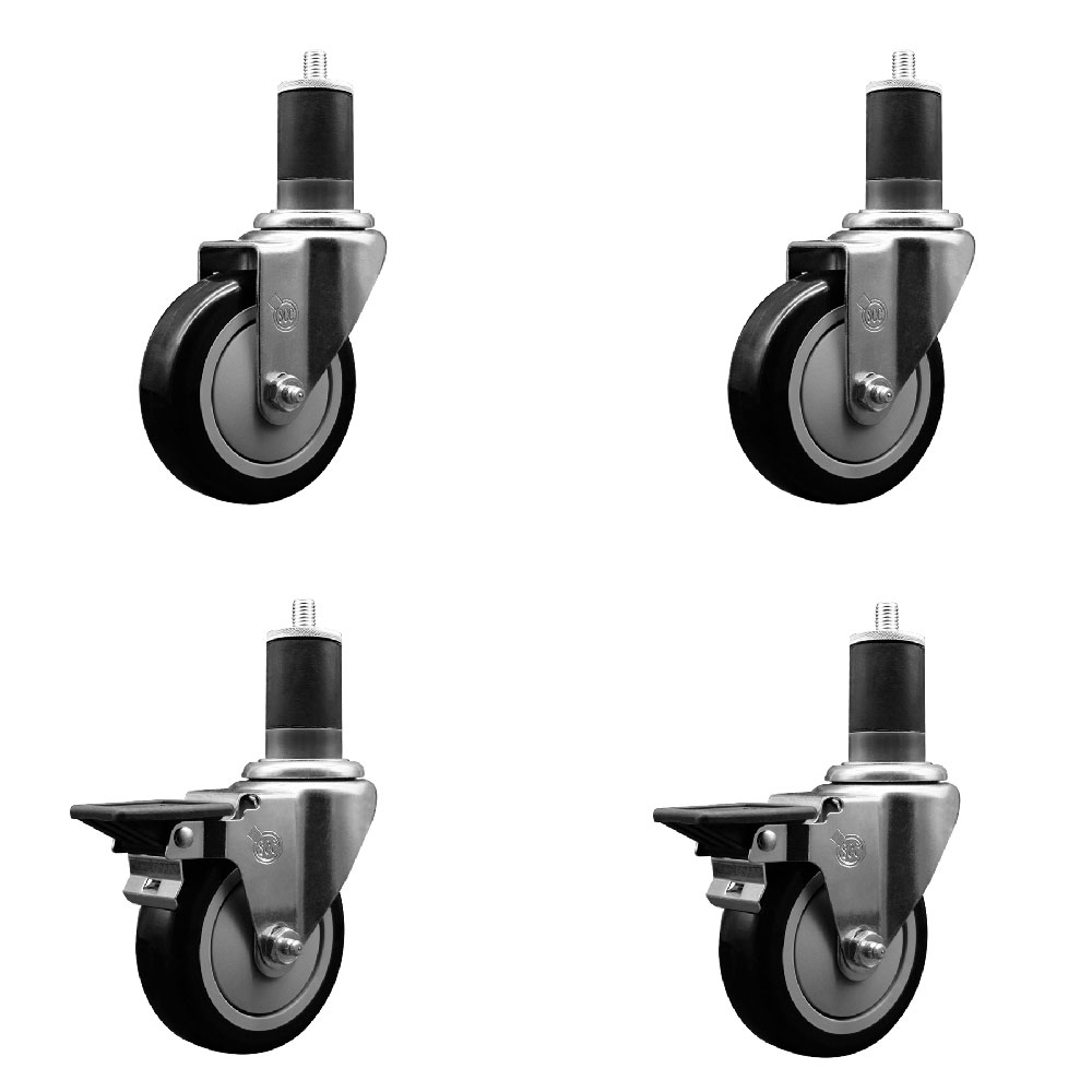 Polyurethane Swivel Expanding Stem Caster Set of 4 with 4 Inch Black Wheels and 1-5/8" Stems - Includes 2 with Posi Locking Brakes - 1400 lbs Total Capacity - Service Caster Brand — photo 1