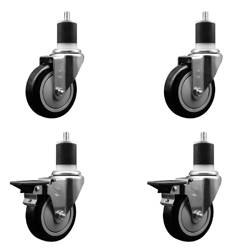 Polyurethane Swivel Expanding Stem Caster Set of 4 with 4 Inch Black Wheels and 1-7/8" Stems - Includes 2 with Posi Locking Brakes - 1400 lbs Total Capacity - Service Caster Brand — photo 1