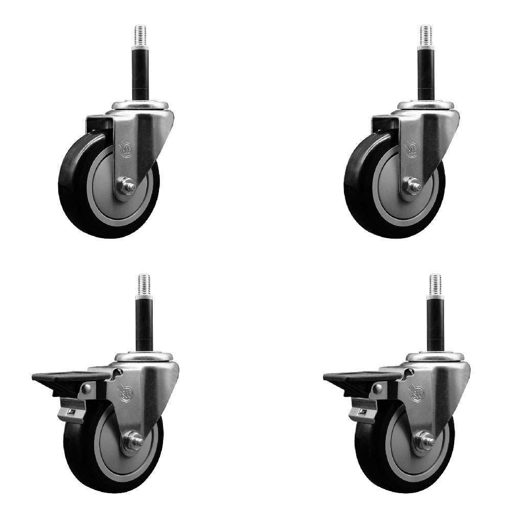 Polyurethane Swivel Expanding Stem Caster Set of 4 with 4 Inch Black Wheels and 3/4" Stems - Includes 2 with Posi Locking Brakes - 1400 lbs Total Capacity - Service Caster Brand — photo 1