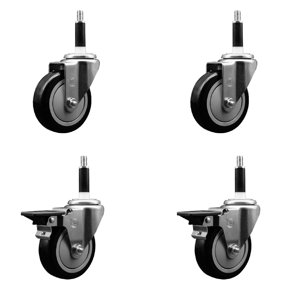 Polyurethane Swivel Expanding Stem Caster Set of 4 with 4 Inch Black Wheels and 7/8" Stems - Includes 2 with Posi Locking Brakes - 1400 lbs Total Capacity - Service Caster Brand — photo 1