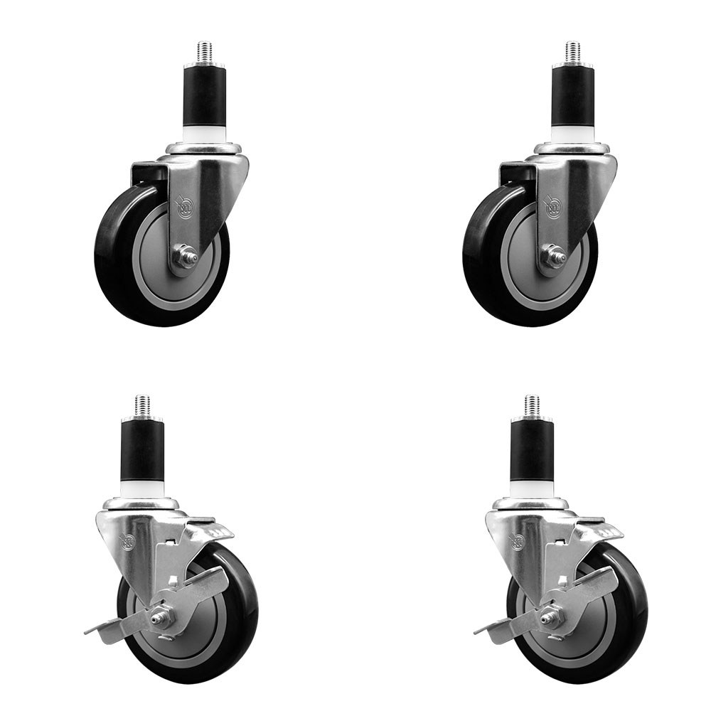 Stainless Steel Polyurethane Swivel Expanding Stem Caster Set of 4 with 4 Inch Black Wheels and 1-1/2" Stems - Includes 2 with Top Locking Brakes - 1400 lbs Total Capacity - Service Caster Brand — photo 1