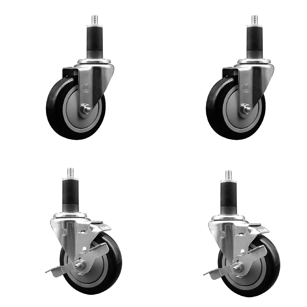 Polyurethane Swivel Expanding Stem Caster Set of 4 with 4 Inch Black Wheels and 1-1/4" Stems - Includes 2 with Top Locking Brakes - 1400 lbs Total Capacity - Service Caster Brand — photo 1
