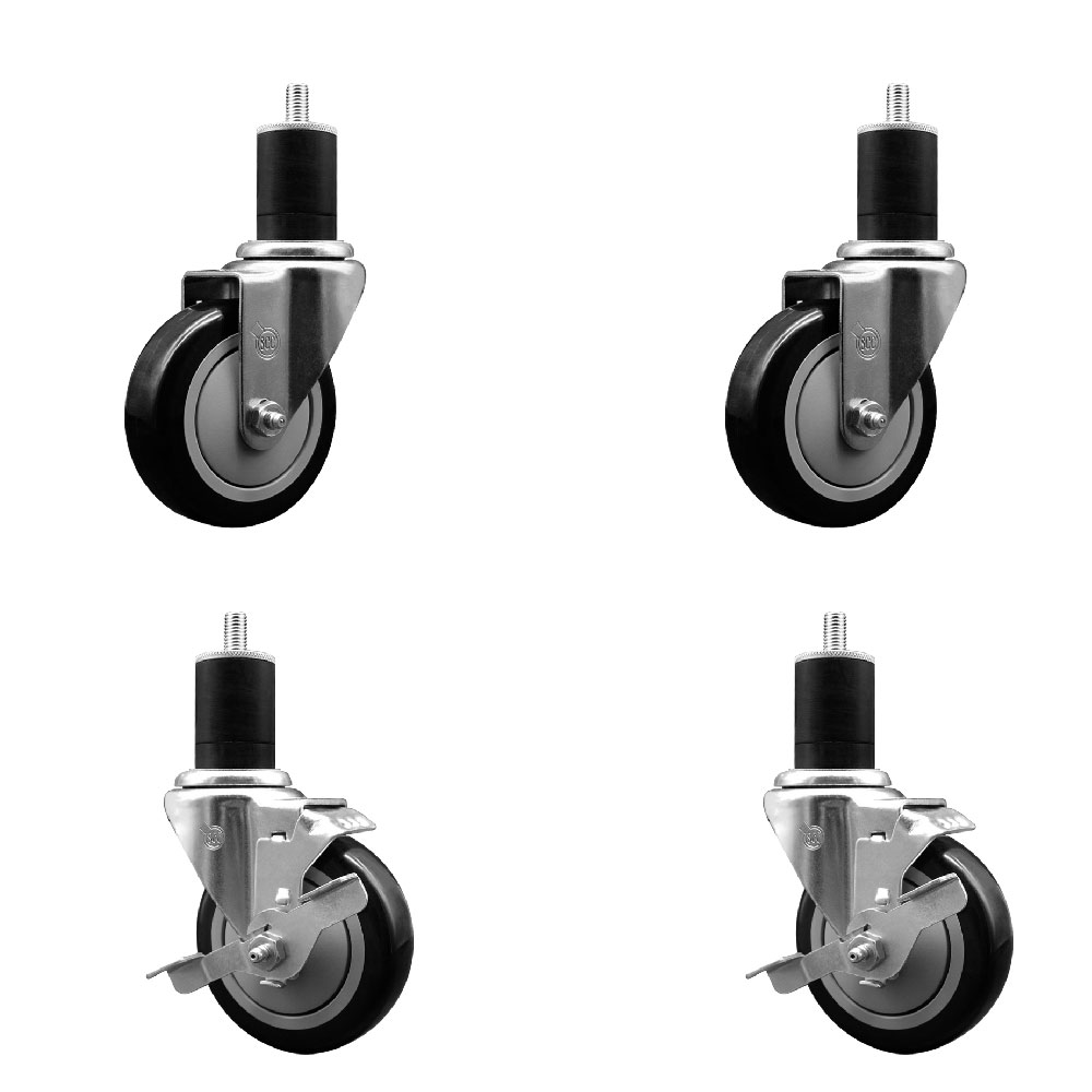 Polyurethane Swivel Expanding Stem Caster Set of 4 with 4 Inch Black Wheels and 1-3/4" Stems - Includes 2 with Top Locking Brakes - 1400 lbs Total Capacity - Service Caster Brand — photo 1