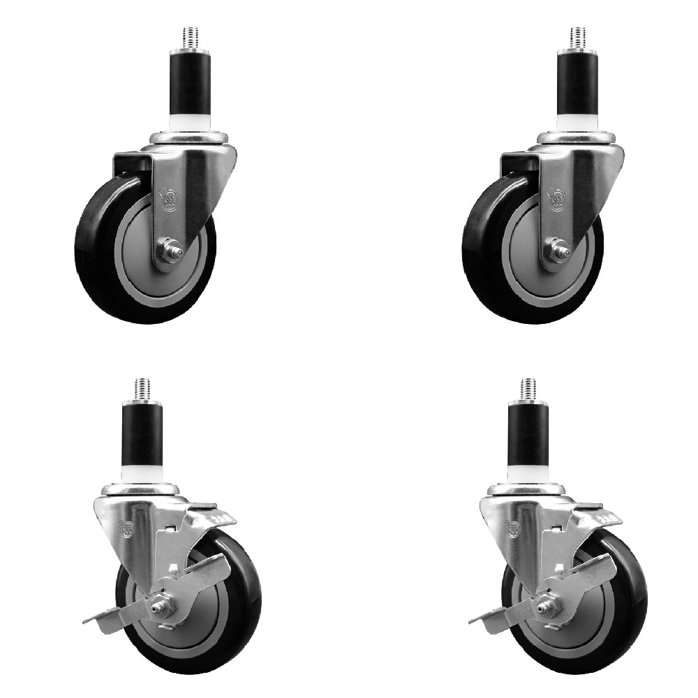Polyurethane Swivel Expanding Stem Caster Set of 4 with 4 Inch Black Wheels and 1-3/8" Stems - Includes 2 with Top Locking Brakes - 1400 lbs Total Capacity - Service Caster Brand — photo 1