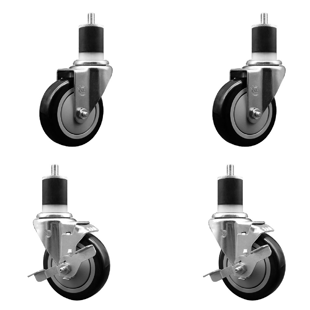 Stainless Steel Polyurethane Swivel Expanding Stem Caster Set of 4 with 4 Inch Black Wheels and 1-7/8" Stems - Includes 2 with Top Locking Brakes - 1400 lbs Total Capacity - Service Caster Brand — photo 1
