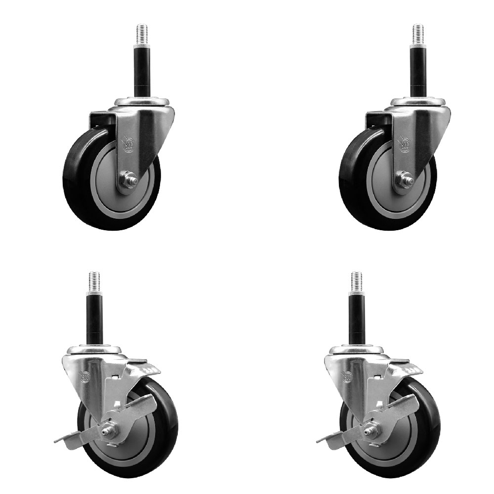 Stainless Steel Polyurethane Swivel Expanding Stem Caster Set of 4 with 4 Inch Black Wheels and 3/4" Stems - Includes 2 with Top Locking Brakes - 1400 lbs Total Capacity - Service Caster Brand — photo 1