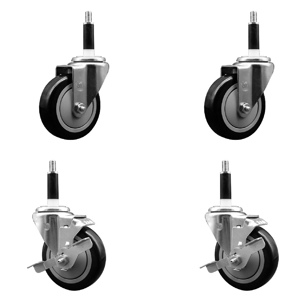 Polyurethane Swivel Expanding Stem Caster Set of 4 with 4 Inch Black Wheels and 7/8" Stems - Includes 2 with Top Locking Brakes - 1400 lbs Total Capacity - Service Caster Brand — photo 1