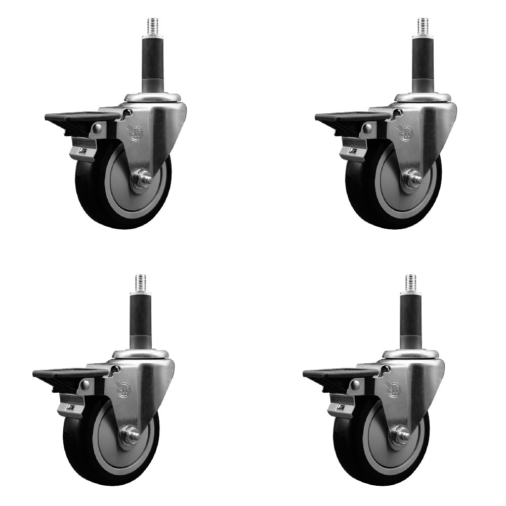 Polyurethane Swivel Expanding Stem Caster Set of 4 with 4 Inch Black Wheels and 1" Stems - Includes 4 Swivel with Posi Locking Brakes - 350 lbs. Capacity Per Caster - Service Caster Brand — photo 1