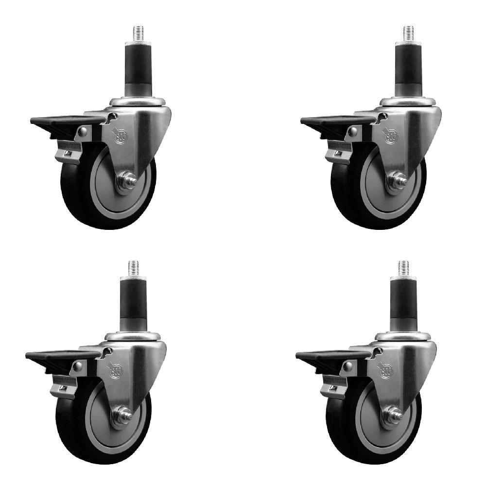 Polyurethane Swivel Expanding Stem Caster Set of 4 with 4 Inch Black Wheels and 1-1/4" Stems - Includes 4 Swivel with Posi Locking Brakes - 350 lbs. Capacity Per Caster - Service Caster Brand — photo 1