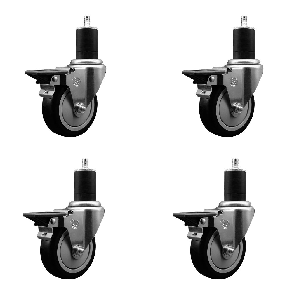 Polyurethane Swivel Expanding Stem Caster Set of 4 with 4 Inch Black Wheels and 1-3/4" Stems - Includes 4 Swivel with Posi Locking Brakes - 350 lbs. Capacity Per Caster - Service Caster Brand — photo 1