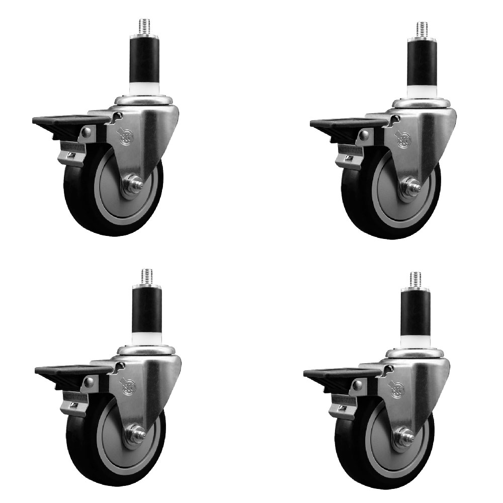 Polyurethane Swivel Expanding Stem Caster Set of 4 with 4 Inch Black Wheels and 1-3/8" Stems - Includes 4 Swivel with Posi Locking Brakes - 350 lbs. Capacity Per Caster - Service Caster Brand — photo 1