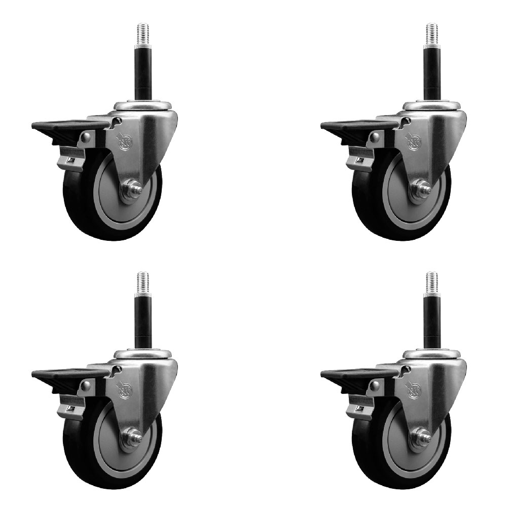 Polyurethane Swivel Expanding Stem Caster Set of 4 with 4 Inch Black Wheels and 3/4" Stems - Includes 4 Swivel with Posi Locking Brakes - 350 lbs. Capacity Per Caster - Service Caster Brand — photo 1