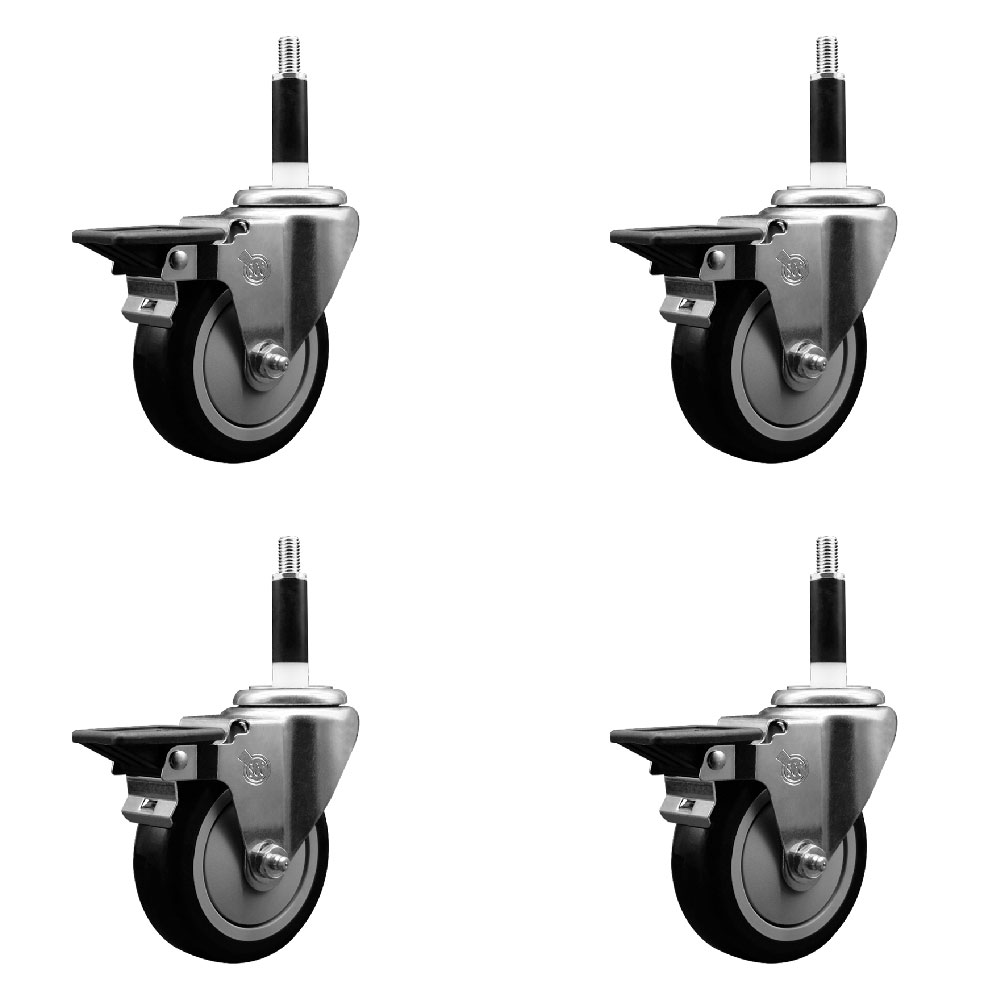 Polyurethane Swivel Expanding Stem Caster Set of 4 with 4 Inch Black Wheels and 7/8" Stems - Includes 4 Swivel with Posi Locking Brakes - 350 lbs. Capacity Per Caster - Service Caster Brand — photo 1