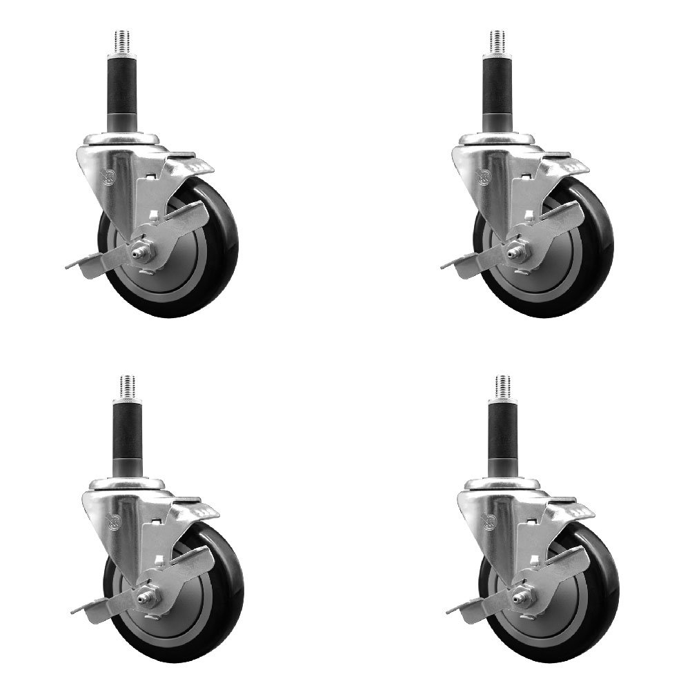 Polyurethane Swivel Expanding Stem Caster Set of 4 with 4 Inch Black Wheels and 1" Stems - Includes 4 Swivel with Top Locking Brakes - 350 lbs. Capacity Per Caster - Service Caster Brand — photo 1