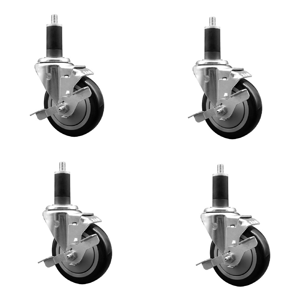 Stainless Steel Polyurethane Swivel Expanding Stem Caster Set of 4 with 4 Inch Black Wheels and 1-1/4" Stems - 4 Swivel with Top Locking Brakes - 350 lbs. Capacity Per Caster - Service Caster Brand — photo 1