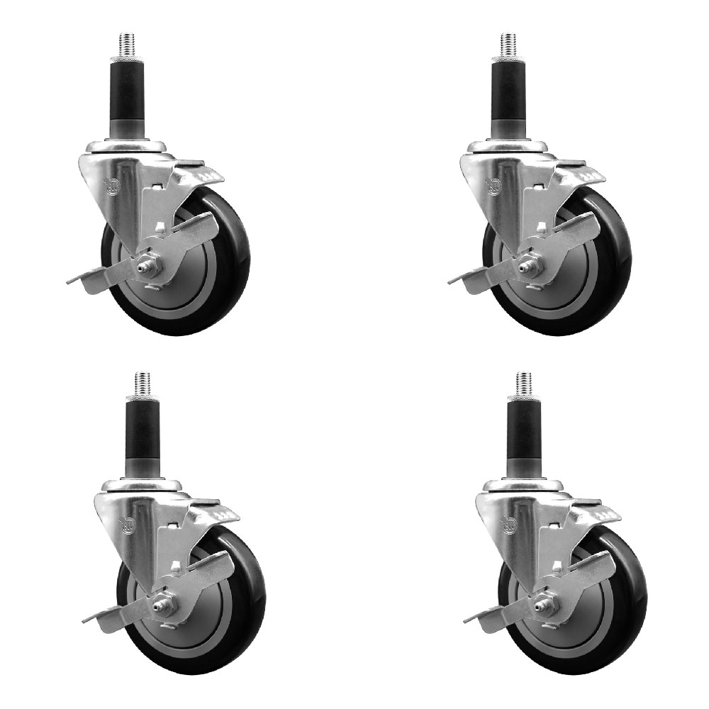 Polyurethane Swivel Expanding Stem Caster Set of 4 with 4 Inch Black Wheels and 1-1/8" Stems - Includes 4 Swivel with Top Locking Brakes - 350 lbs. Capacity Per Caster - Service Caster Brand — photo 1