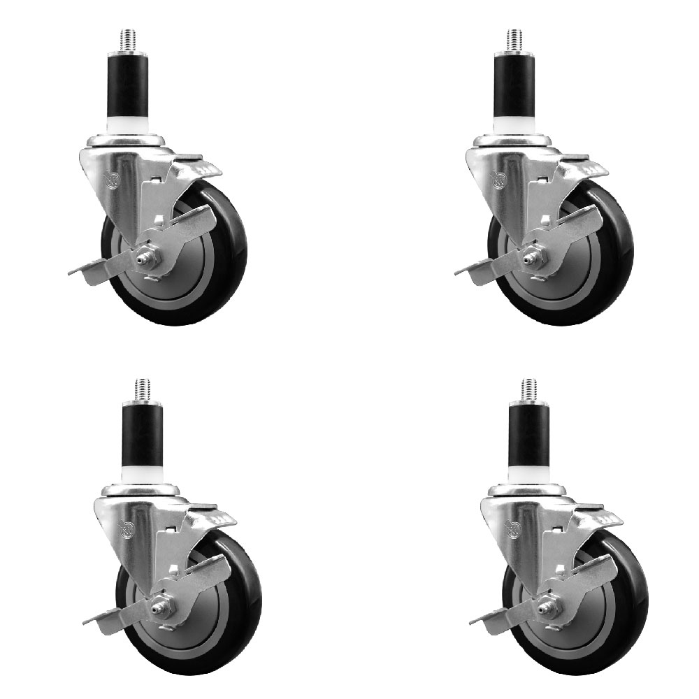 Stainless Steel Polyurethane Swivel Expanding Stem Caster Set of 4 with 4 Inch Black Wheels and 1-3/8" Stems - 4 Swivel with Top Locking Brakes - 350 lbs. Capacity Per Caster - Service Caster Brand — photo 1