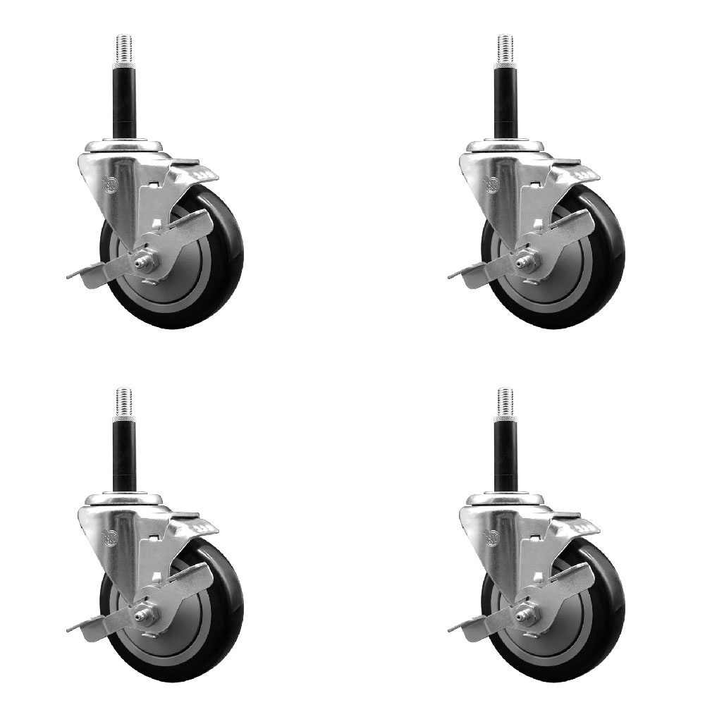 Polyurethane Swivel Expanding Stem Caster Set of 4 with 4 Inch Black Wheels and 3/4" Stems - Includes 4 Swivel with Top Locking Brakes - 350 lbs. Capacity Per Caster - Service Caster Brand — photo 1