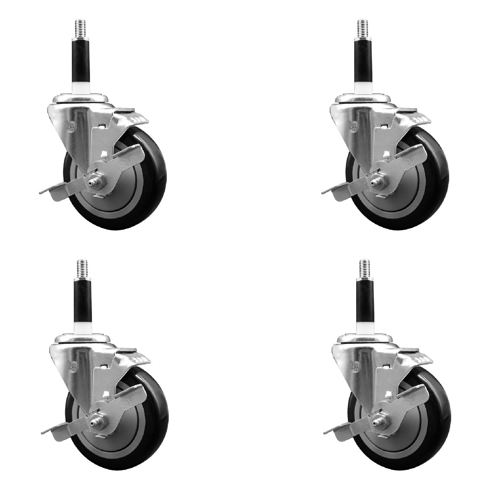 Stainless Steel Polyurethane Swivel Expanding Stem Caster Set of 4 with 4 Inch Black Wheels and 7/8" Stems - 4 Swivel with Top Locking Brakes - 350 lbs. Capacity Per Caster - Service Caster Brand — photo 1