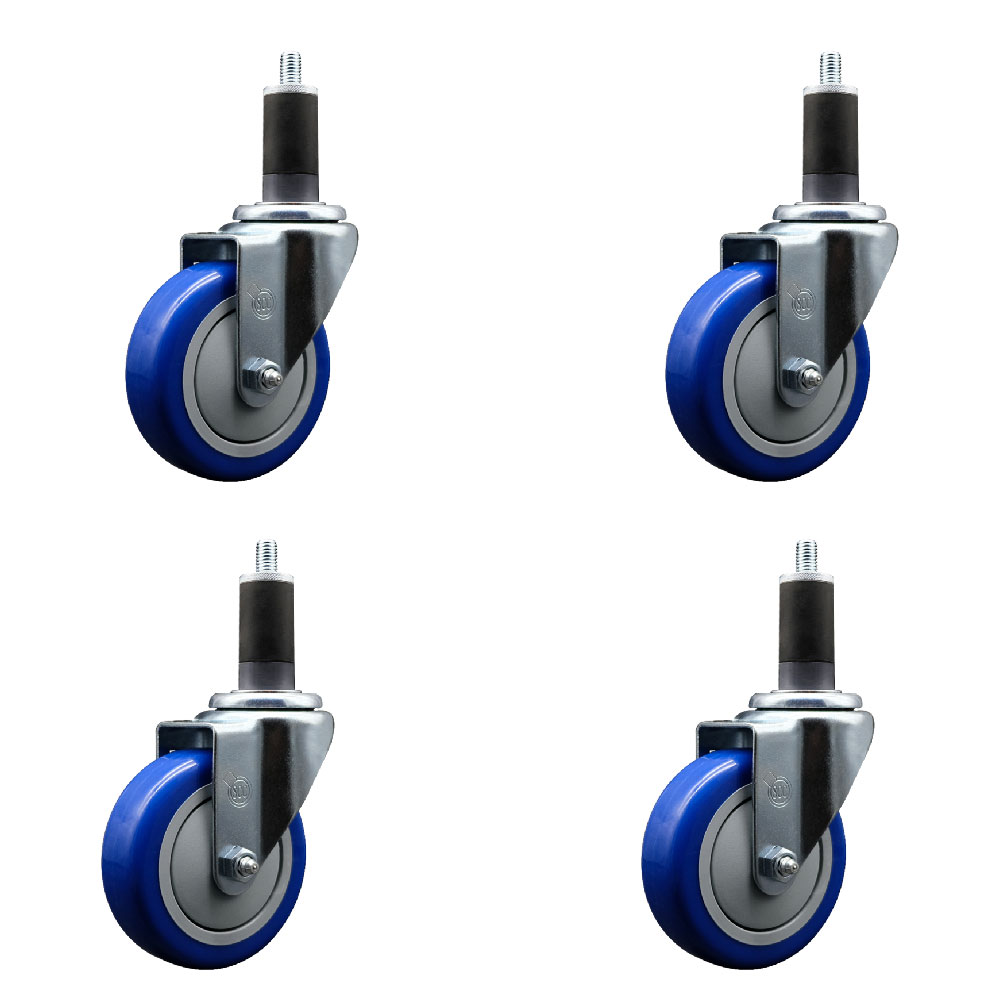Stainless Steel Polyurethane Swivel Expanding Stem Caster Set of 4 with 4 Inch Blue Wheels and 1-1/4" Stems - Includes 4 Swivel - 350 lbs. Capacity Per Caster - Service Caster Brand — photo 1