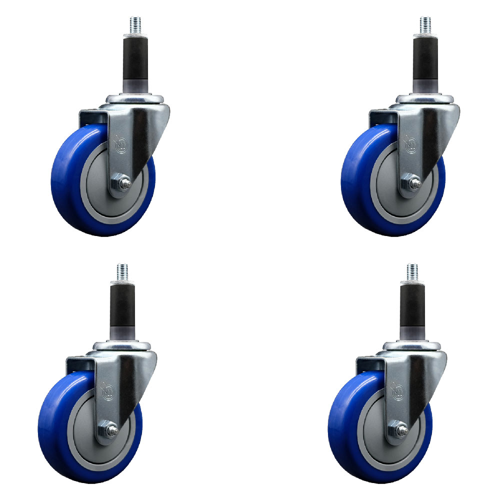 Polyurethane Swivel Expanding Stem Caster Set of 4 with 4 Inch Blue Wheels and 1-1/8" Stems - 350 lbs. Capacity Per Caster - Service Caster Brand — photo 1