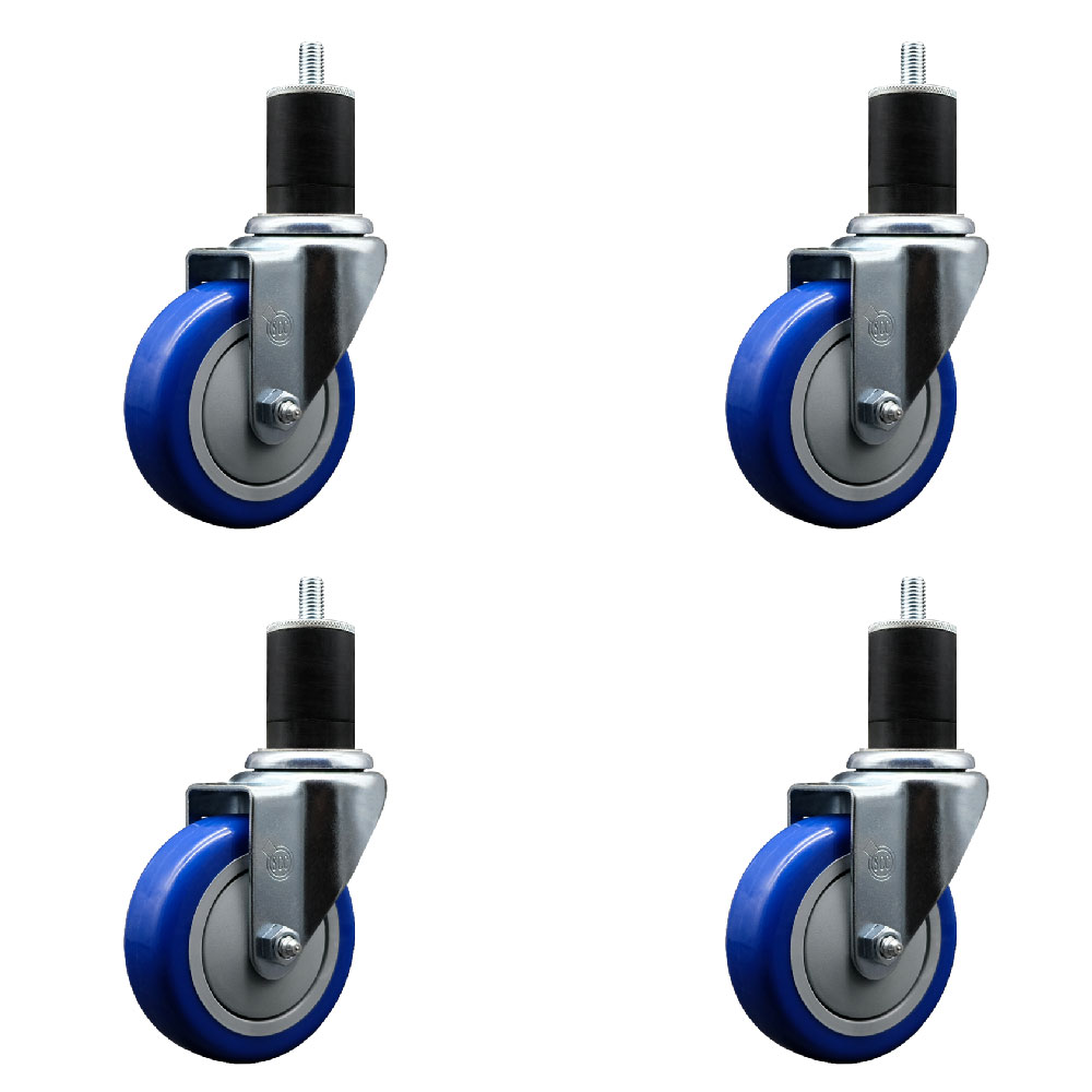 Polyurethane Swivel Expanding Stem Caster Set of 4 with 4 Inch Blue Wheels and 1-3/4" Stems - 350 lbs. Capacity Per Caster - Service Caster Brand — photo 1
