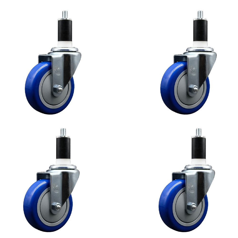 Stainless Steel Polyurethane Swivel Expanding Stem Caster Set of 4 with 4 Inch Blue Wheels and 1-3/8" Stems - Includes 4 Swivel - 350 lbs. Capacity Per Caster - Service Caster Brand — photo 1