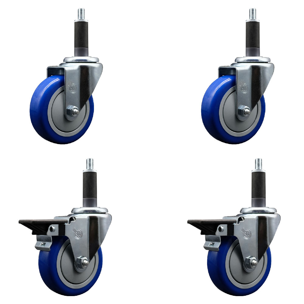 Polyurethane Swivel Expanding Stem Caster Set of 4 with 4 Inch Blue Wheels and 1" Stems - Includes 2 with Posi Locking Brakes - 1400 lbs Total Capacity - Service Caster Brand — photo 1