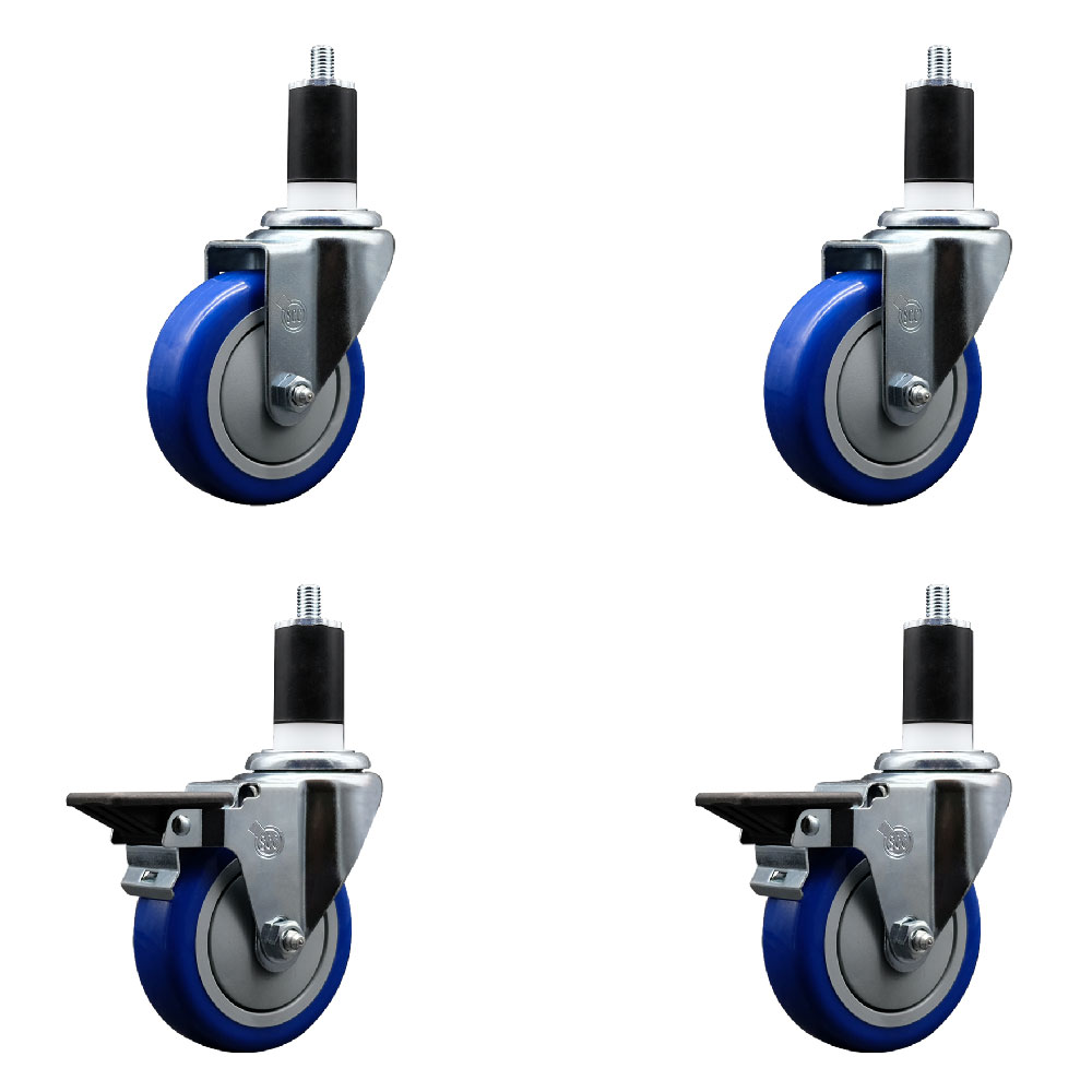 Polyurethane Swivel Expanding Stem Caster Set of 4 with 4 Inch Blue Wheels and 1-1/2" Stems - Includes 2 with Posi Locking Brakes - 1400 lbs Total Capacity - Service Caster Brand — photo 1