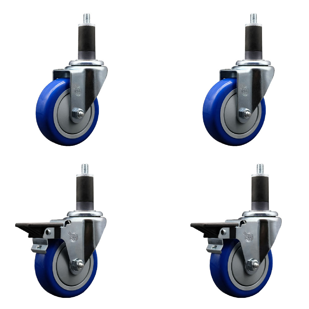 Polyurethane Swivel Expanding Stem Caster Set of 4 with 4 Inch Blue Wheels and 1-1/4" Stems - Includes 2 with Posi Locking Brakes - 1400 lbs Total Capacity - Service Caster Brand — photo 1