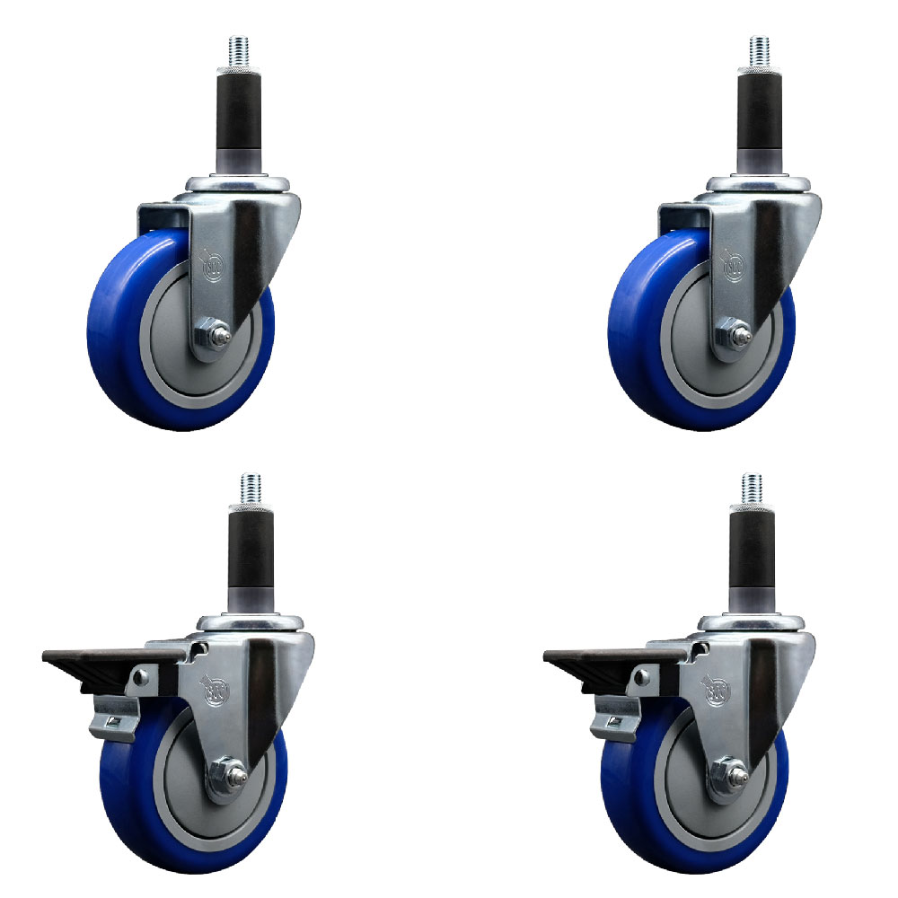 Polyurethane Swivel Expanding Stem Caster Set of 4 with 4 Inch Blue Wheels and 1-1/8" Stems - Includes 2 with Posi Locking Brakes - 1400 lbs Total Capacity - Service Caster Brand — photo 1