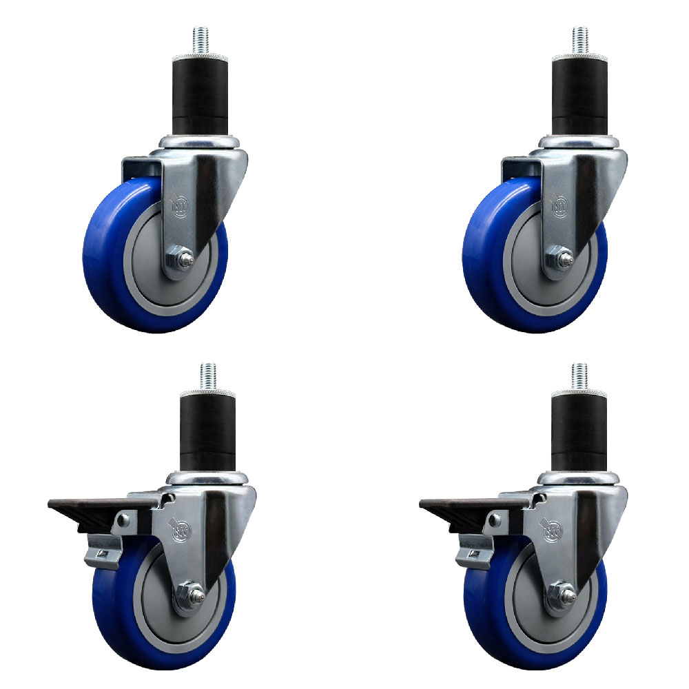 Polyurethane Swivel Expanding Stem Caster Set of 4 with 4 Inch Blue Wheels and 1-3/4" Stems - Includes 2 with Posi Locking Brakes - 1400 lbs Total Capacity - Service Caster Brand — photo 1
