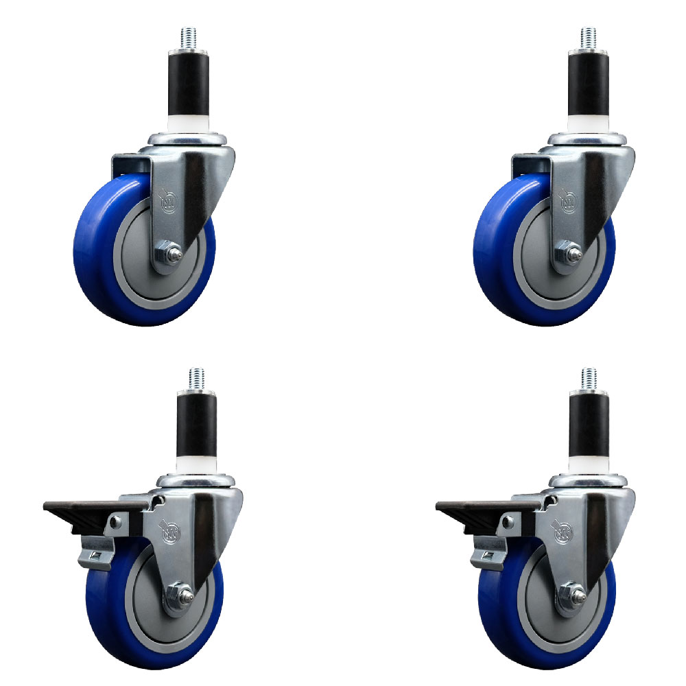 Polyurethane Swivel Expanding Stem Caster Set of 4 with 4 Inch Blue Wheels and 1-3/8" Stems - Includes 2 with Posi Locking Brakes - 1400 lbs Total Capacity - Service Caster Brand — photo 1