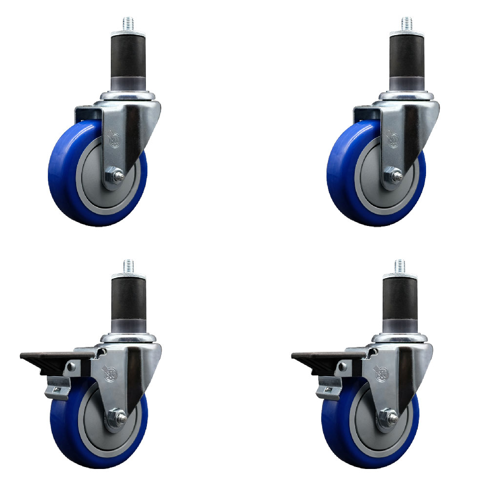Polyurethane Swivel Expanding Stem Caster Set of 4 with 4 Inch Blue Wheels and 1-5/8" Stems - Includes 2 with Posi Locking Brakes - 1400 lbs Total Capacity - Service Caster Brand — photo 1