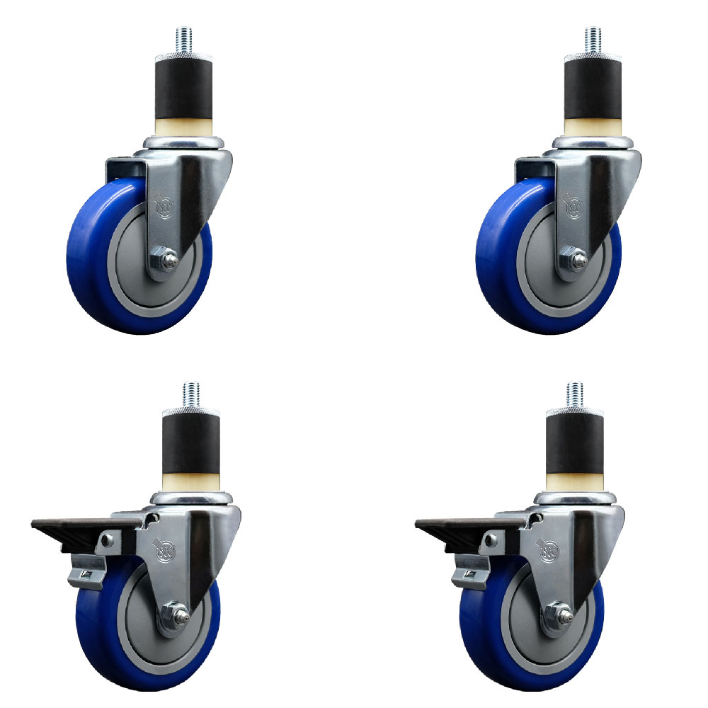 Polyurethane Swivel Expanding Stem Caster Set of 4 with 4 Inch Blue Wheels and 1-7/8" Stems - Includes 2 with Posi Locking Brakes - 1400 lbs Total Capacity - Service Caster Brand — photo 1