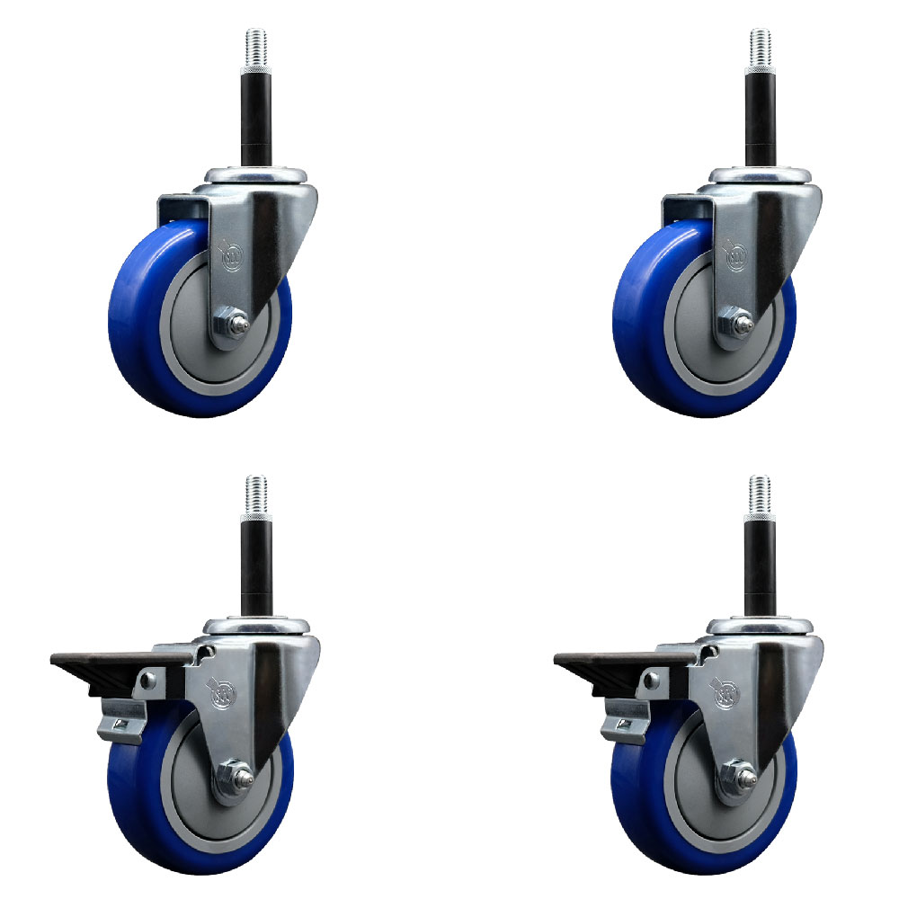 Polyurethane Swivel Expanding Stem Caster Set of 4 with 4 Inch Blue Wheels and 3/4" Stems - Includes 2 with Posi Locking Brakes - 1400 lbs Total Capacity - Service Caster Brand — photo 1